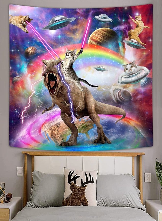 Uokiuki Funny Cat Tapestry for Boys Kids Bedroom, Cool Cat Riding Dinosaur on Fantasy Galaxy Hilarious Wall Tapestry, Funky Outer Space Universe Anime Tapestry Wall Hanging for Bedroom Living Room, 60X40IN - Image 4
